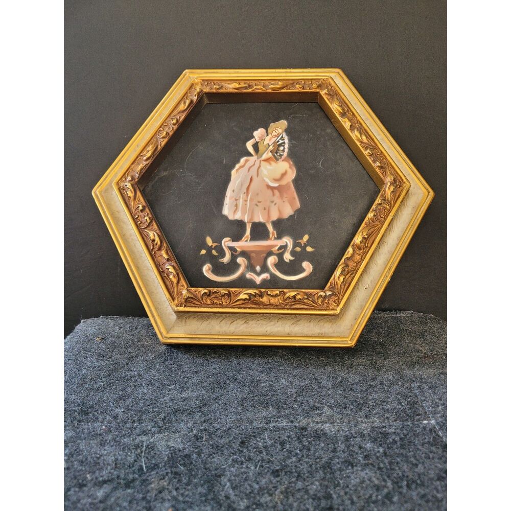 Vintage set of two pastel paintings Framed in hexagon chalkware wood frames